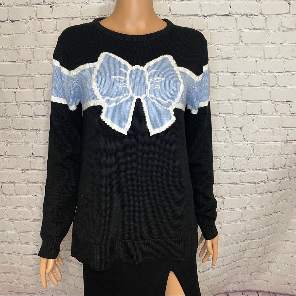 Lauren James Black and baby blue ribbon long sleeve sweater christmas size xs
